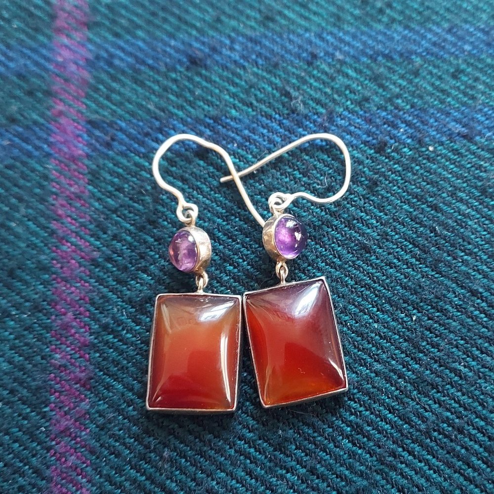 .925 Sterling Carnelian & Amethyst Dangle Earrings Gemstone Drops